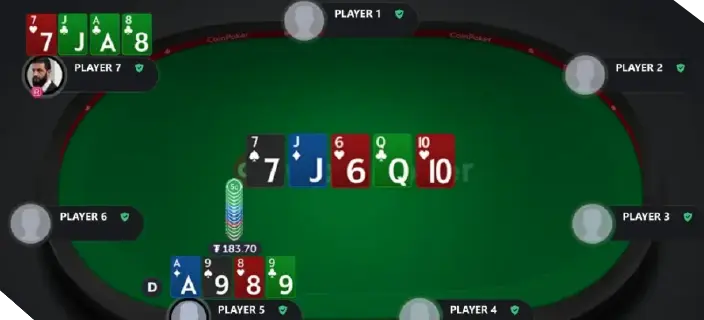 A look at a Pot Limit Omaha (PLO4) poker table on CoinPoker where two players compete for a pot during a poker cash game.
