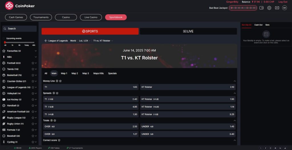 T1 vs. KT Rolster League of Legends esports betting market with moneyline, over/under, and score options on CoinPoker sportsbook.