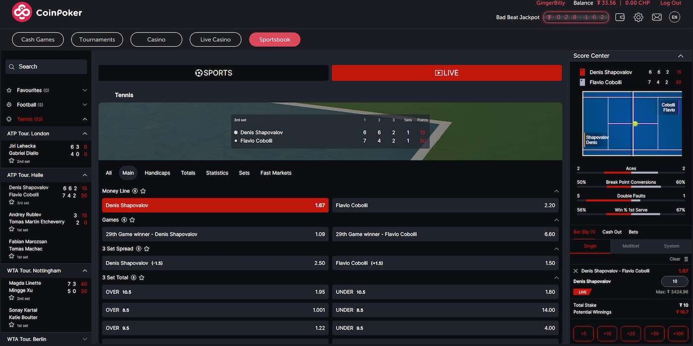Live tennis betting for Denis Shapovalov vs. Flavio Cobolli on CoinPoker crypto sportsbook.