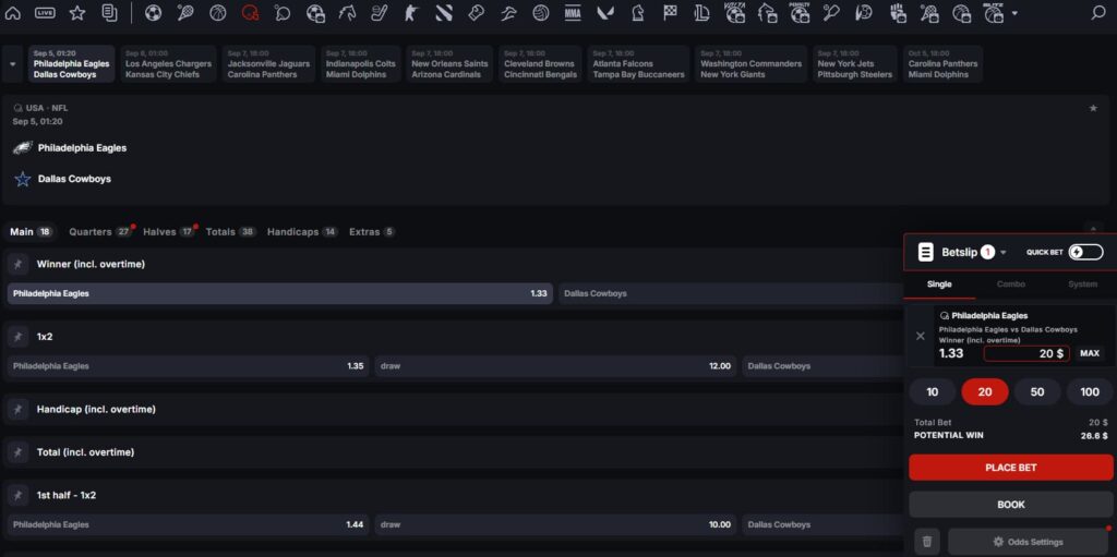 Example of different betting markets for the NFL game between Philadelphia Eagles and Dallas Cowboys.
