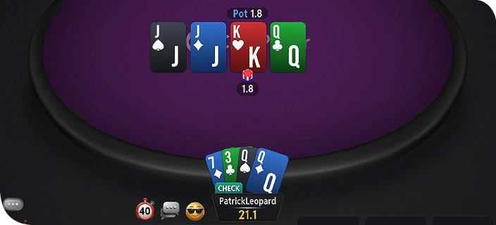 A look at a Pot Limit Omaha (PLO4) poker table on CoinPoker where two players compete for a pot during a poker cash game.