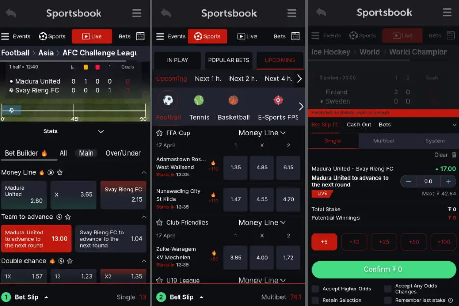 An image of the CoinPoker Sports Betting app, displaying live betting and traditional betting options.