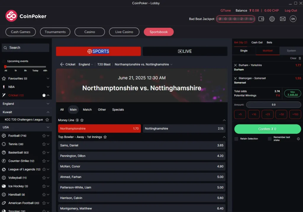 A look at the betting lines for a T20 cricket game between Northamptonshire and Nottinghamshire.