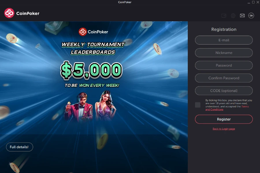 The main page of the CoinPoker application on PC, showing a registration field on the right side.