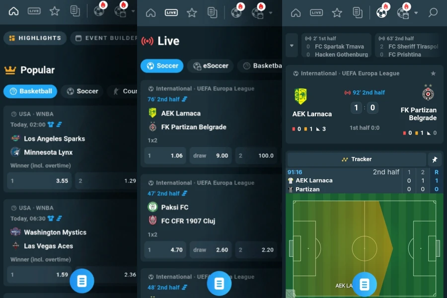 A screenshot shows the CoinPoker sports betting app, with the main lobby, a live game lobby, and a live game of football.