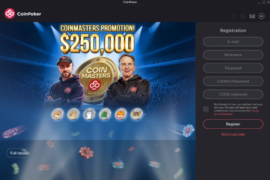 The main page of the CoinPoker application on PC, showing a registration field on the right side.
