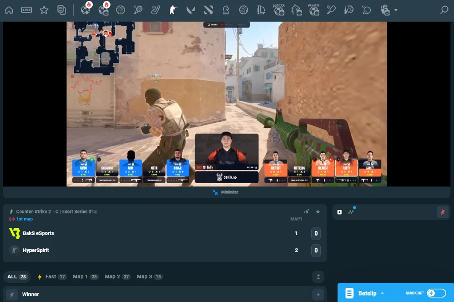 A CS2 live match goes on in the CoinPoker Esports betting application.