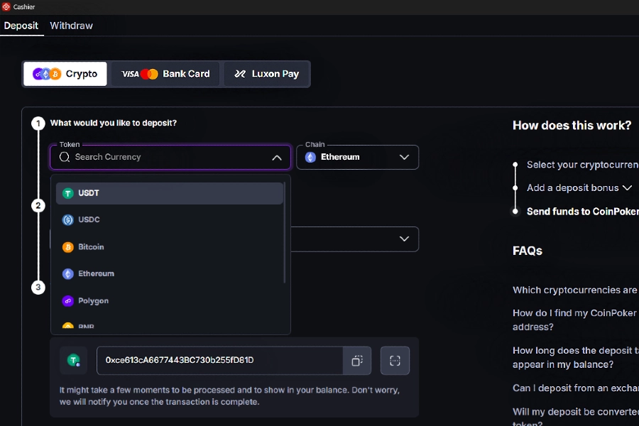 A screenshot showing the CoinPoker Cashier and several crypto deposit options to choose from.