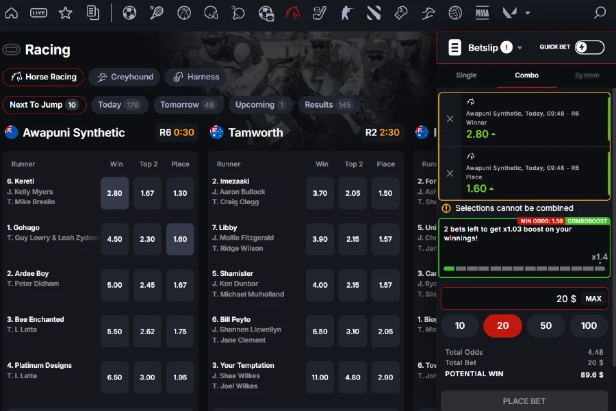 Horse race betting markets on CoinPoker sports betting site, showing events from Awapuni Synthethic and Tamworth in Australia.
