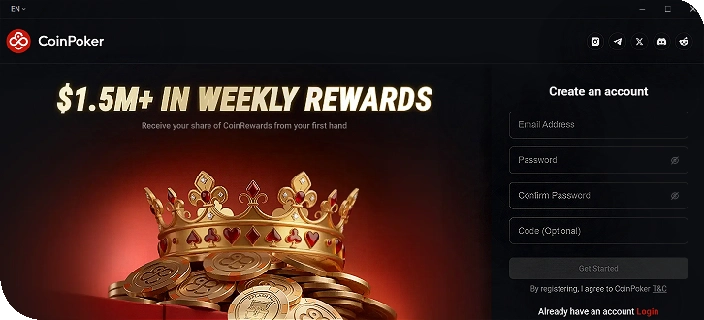 A screenshot shows the start page of the CoinPoker app, where users can register or log into their accounts and play poker, casino games, or bet on sports.