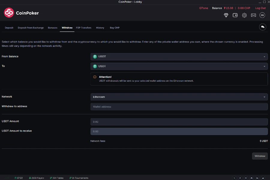 A screenshot showing the Withdraw tab of the CoinPoker Cashier.