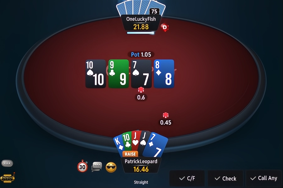 A game of 5-Card Pot Limit Omaha (PLO) on CoinPoker.