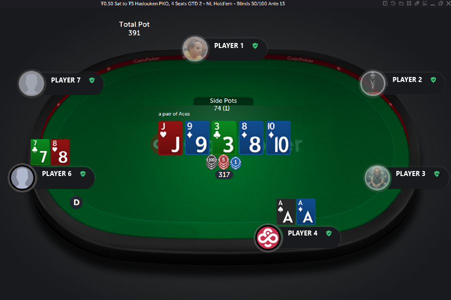 A satellite poker tournament on CoinPoker, where pocket Aces have been beat by a straight on the river.