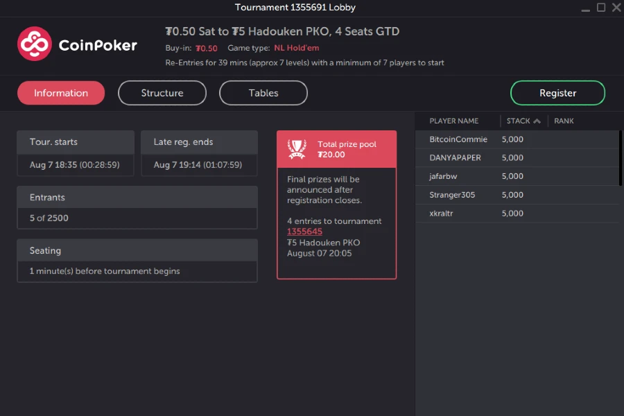 A CoinPoker satellite event with options to register and see structure.