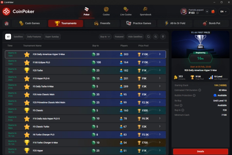 the tournament lobby on CoinPoker showing real money poker tournament options.