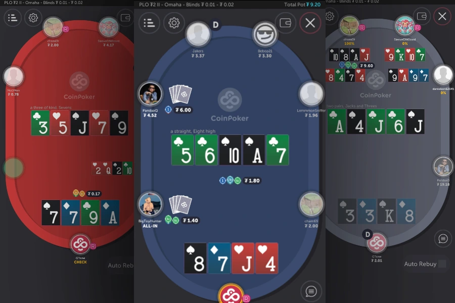 Three different tables showing CoinPoker Pot Limit Omaha mobile games