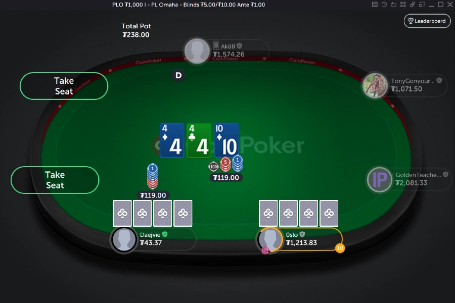 A player makes a pot-sized bet in a game of Pot Limit Omaha on CoinPoker.