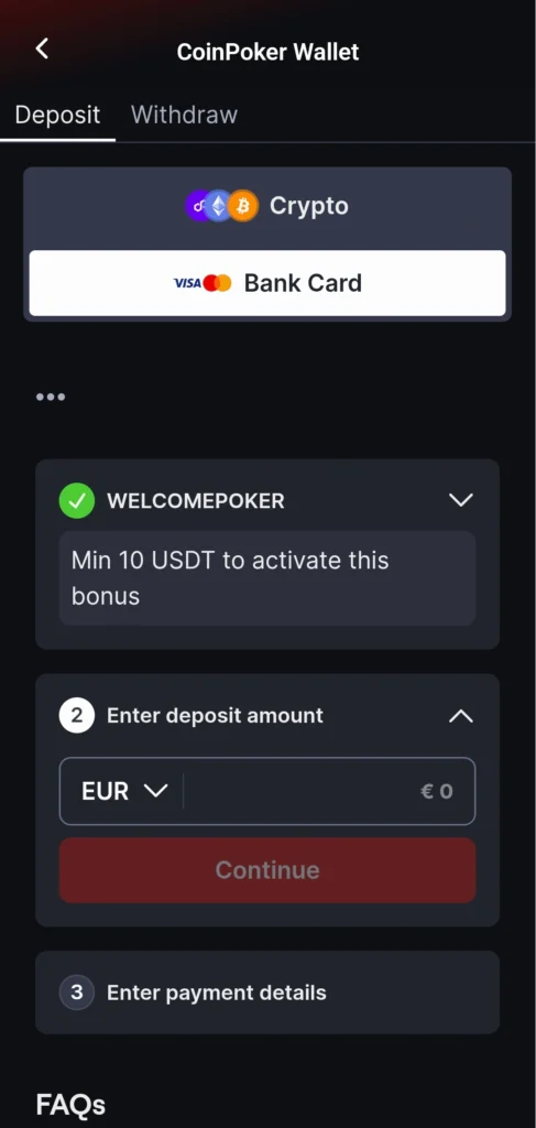 The deposit screen of the CoinPoker mobile app.