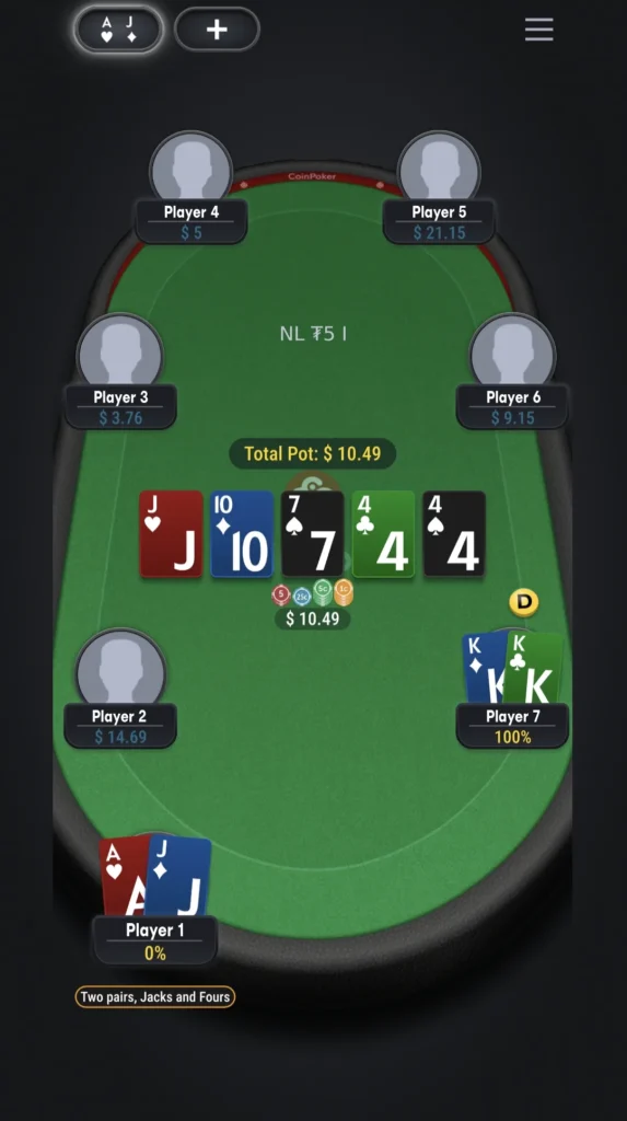 A mobile browser view of no limit texas hold em poker table on CoinPoker.