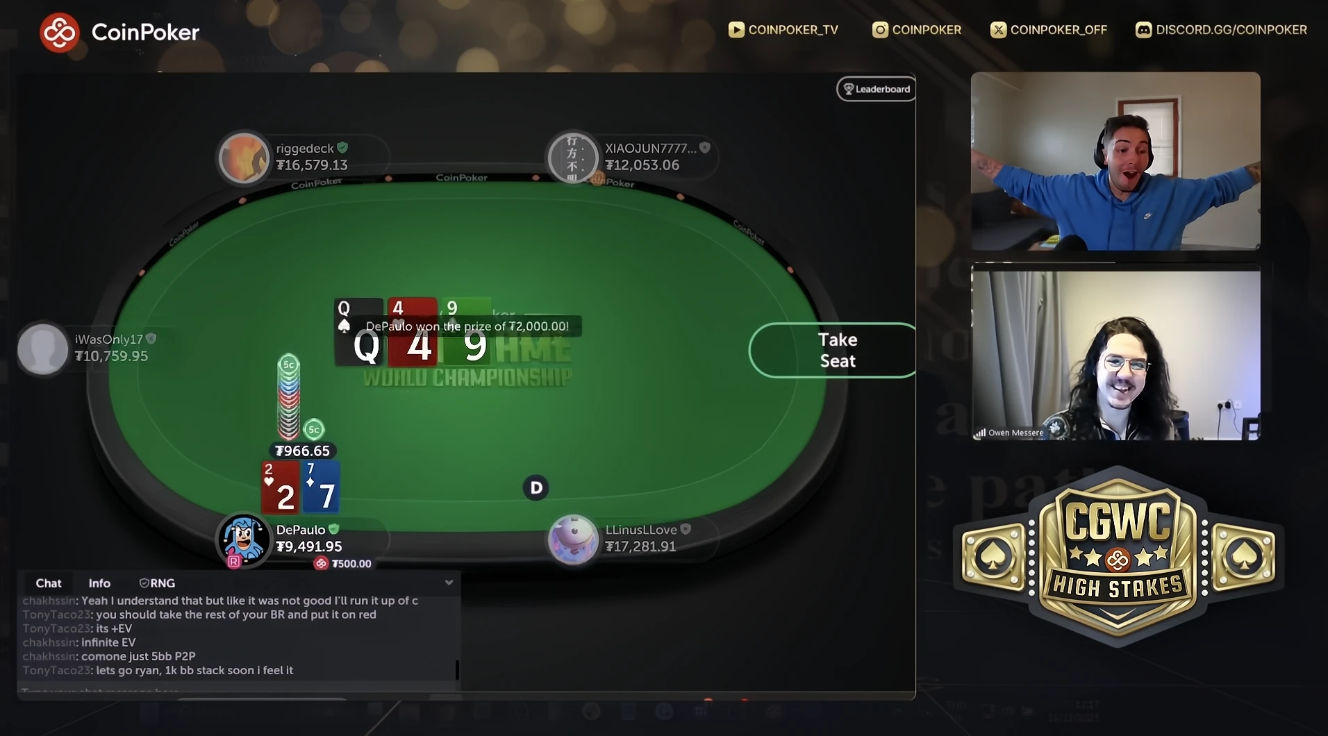 Ryan Depaulo wins by bluffing with 7-2 while playing the new Seven Deuce Game on CoinPoker.