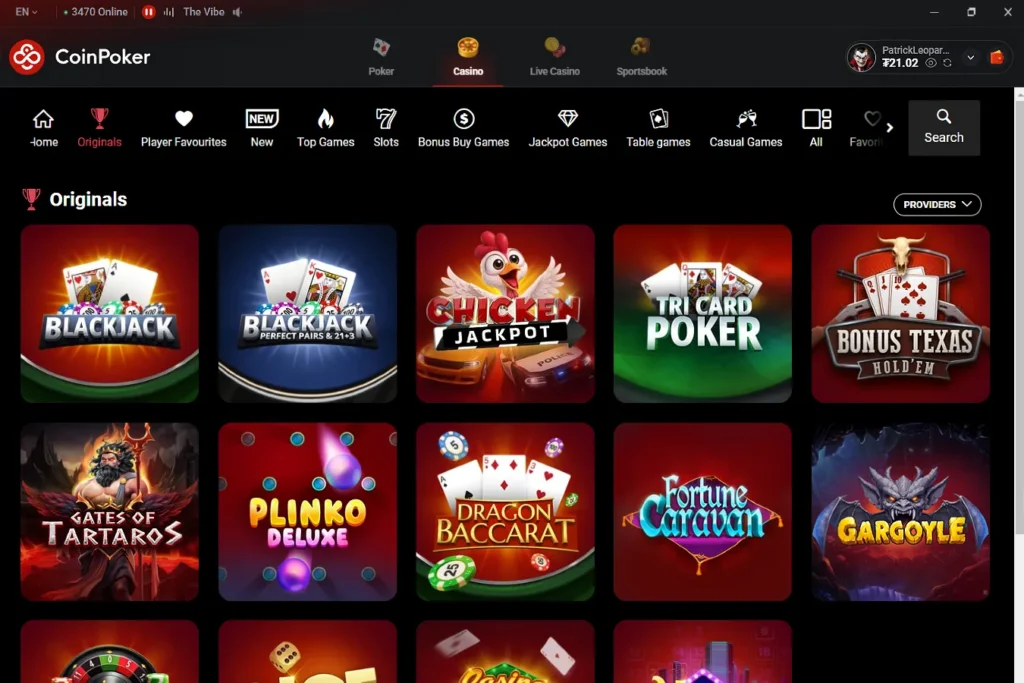 The CoinPoker crypto casino lobby showing original games and other titles from trusted game developers.