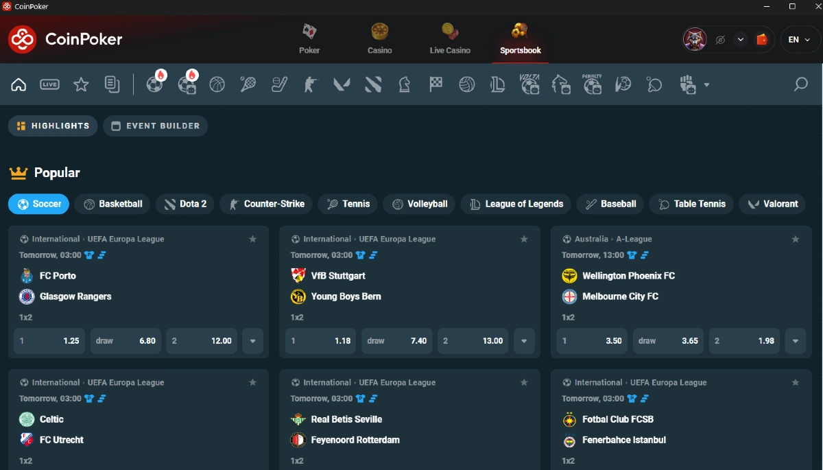 A live sports match with multiple betting options on the CoinPoker Casino app