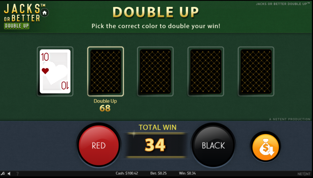 Red was guessed and the color of the dealt card was Red. Hence, the winnings from the previous Jacks or Better round were doubled.