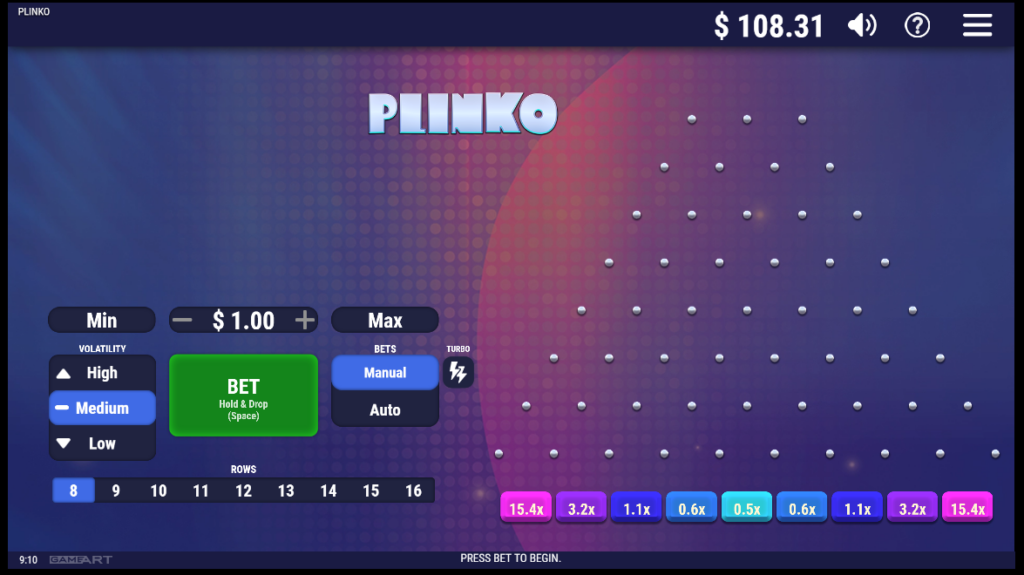 A screenshot of plinko casino game, showing 8 rows arranged in a triangular form with payout range from 0.5x to 15.4x, on medium volatility.